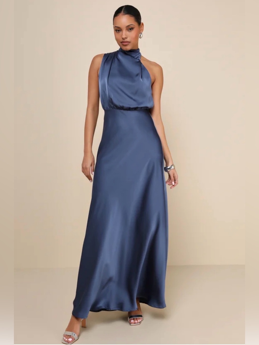 NWT Lulu's Navy Satin Halter Maxi Dress